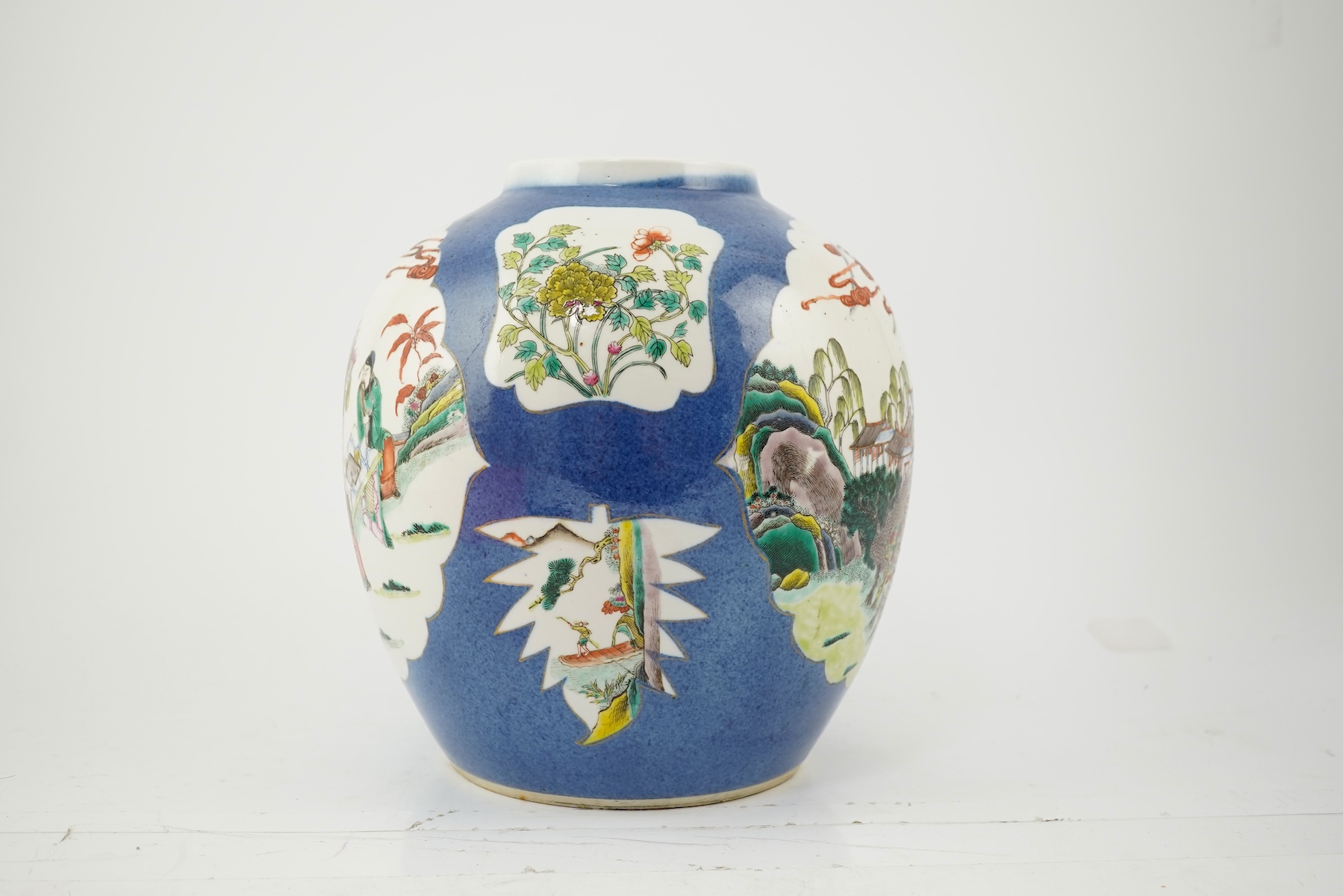 A large Chinese powder blue ground famille rose jar, late 19th century